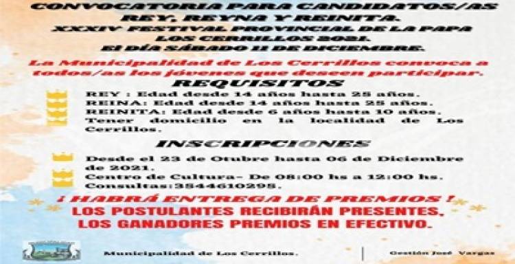 LOS CERRILLOS : CONVOCATORIA PARA CANDIDATAS/OS PARA REINA, REINITA Y REY, PARA EL XXXIV FESTIVAL PROVINCIAL DE LA PAPA.