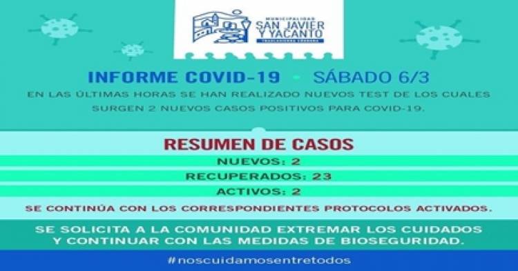 SAN JAVIER Y YACANTO : DOS NUEVOS CASOS POSITIVOS DE COVID-19,EN LA JORNADA DEL SÁBADO 06 DE MARZO.